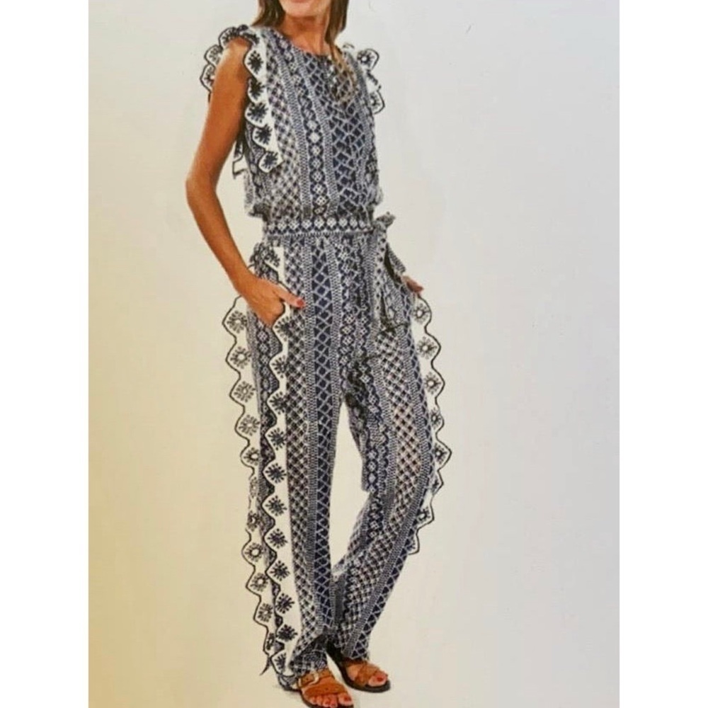 Chloe Laetitia Ruffle Detail Embroidered Eyelet Blue Cream Belted Jumpsuit Sz S - Picture 2 of 16